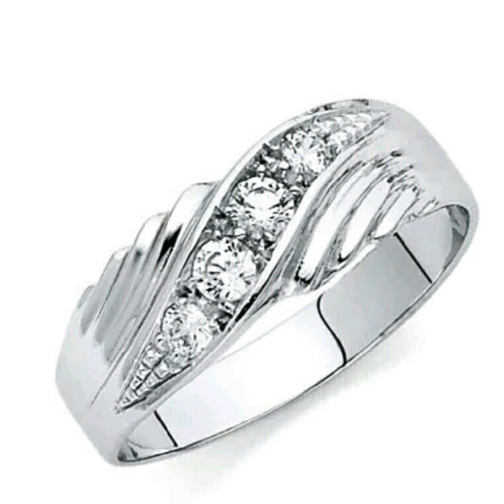 14K White Gold Man made Diamond Mens Wedding Band
